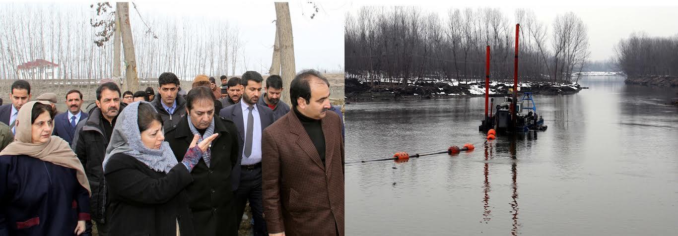 Mehbooba inspects Jhelum dredging, expressesdismay over tardy pace