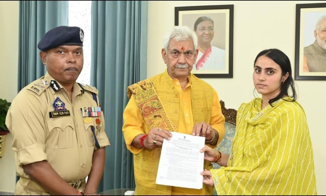 LG Sinha hands over appointment letter to martyr SI’s wife under rehabilitation scheme