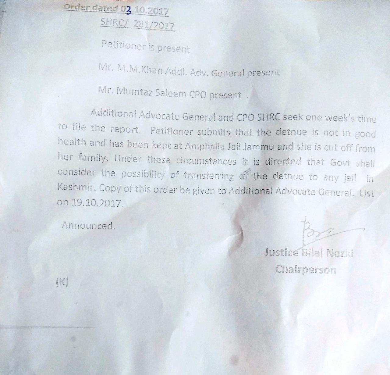 SHRC directs shifting of Asiya Andrabi from Jammu jail: JKLF