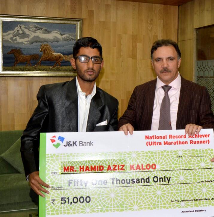 J&K Bank felicitates Ultra Marathon Runner Haamid Aziz