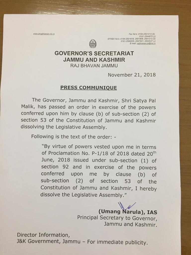 JK Governor dissolves State Assembly