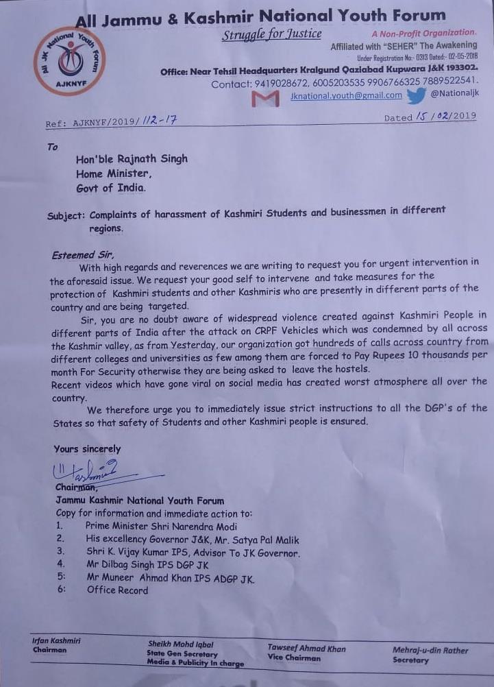 All JK National Youth Forum writes to Home Minister over safety of Kashmiris