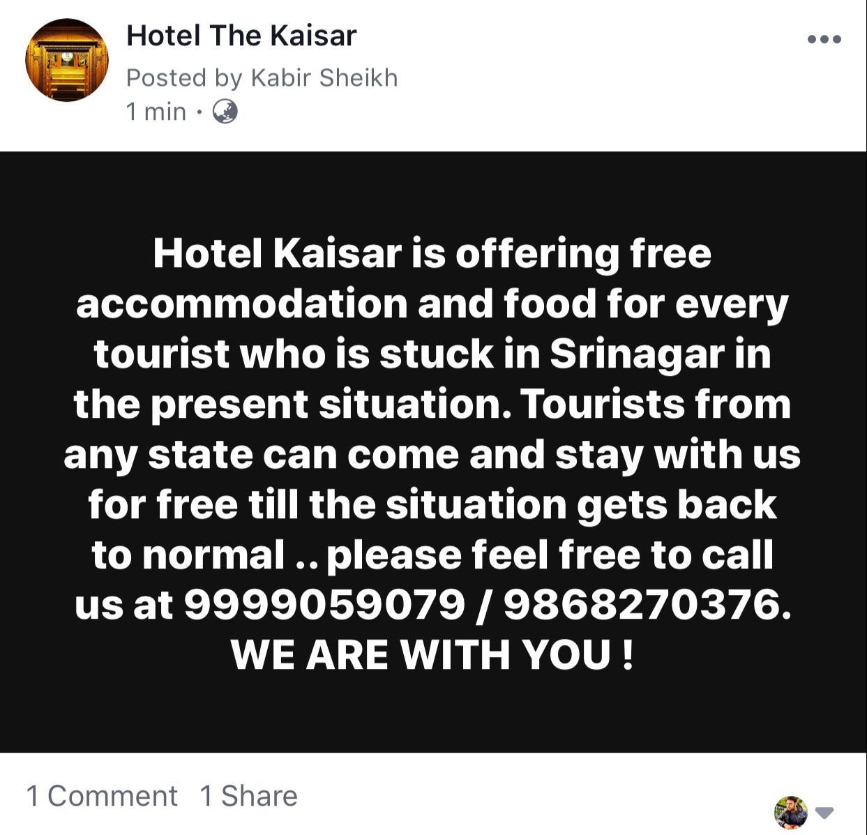 Amid tension, Kashmir hotel offers free stay to tourists
