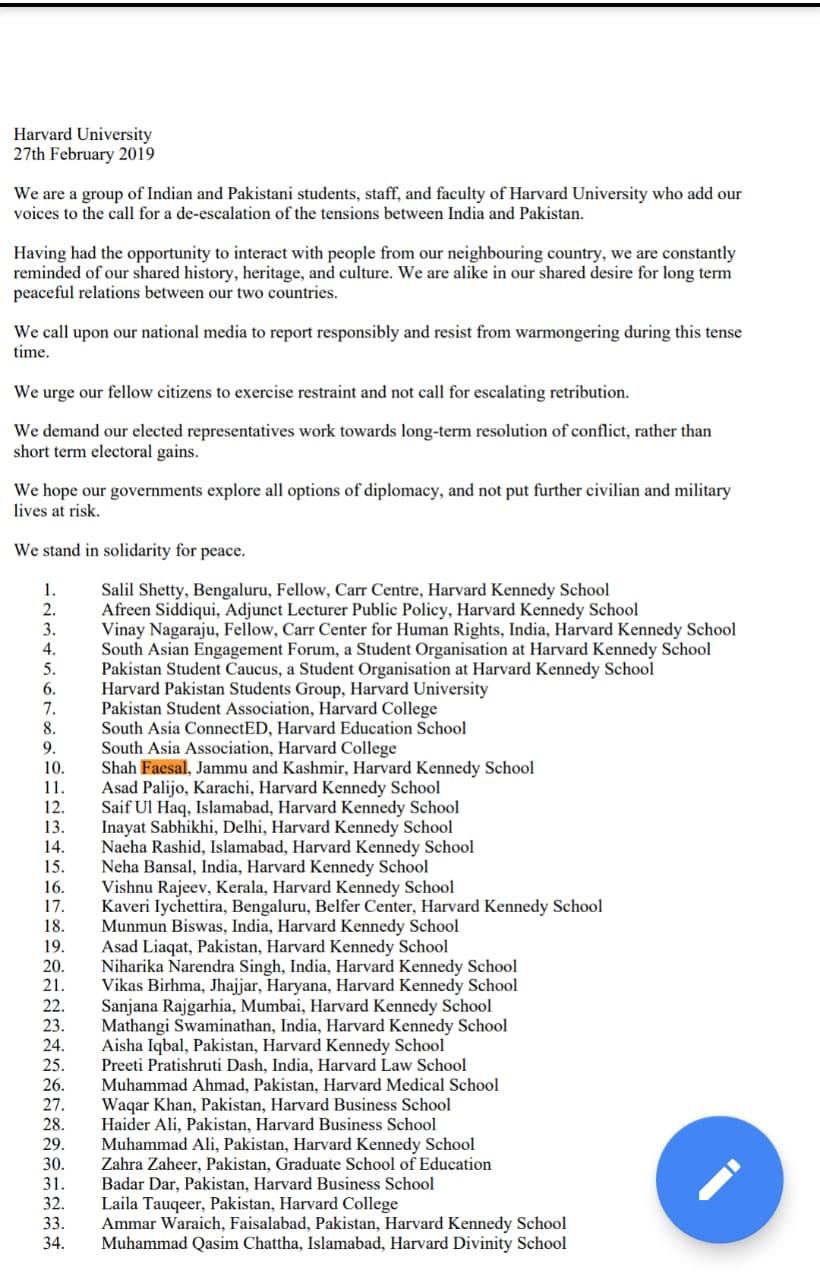 Indo-Pak students in Harvard call for de-escalation