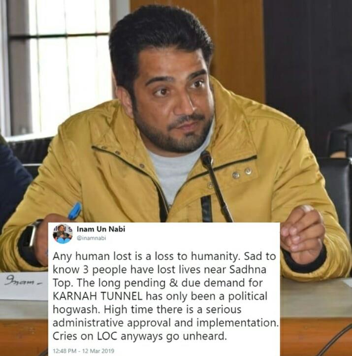 Inam expresses shock over loss of lives in Snow blizzard at Sadhna Top Kupwara