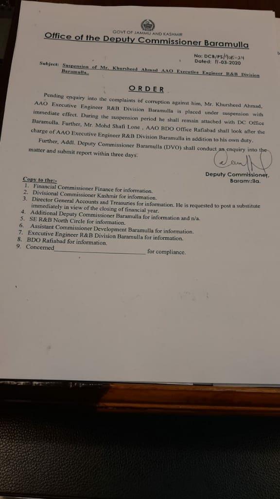 Govt suspends Asst Director food Baramulla