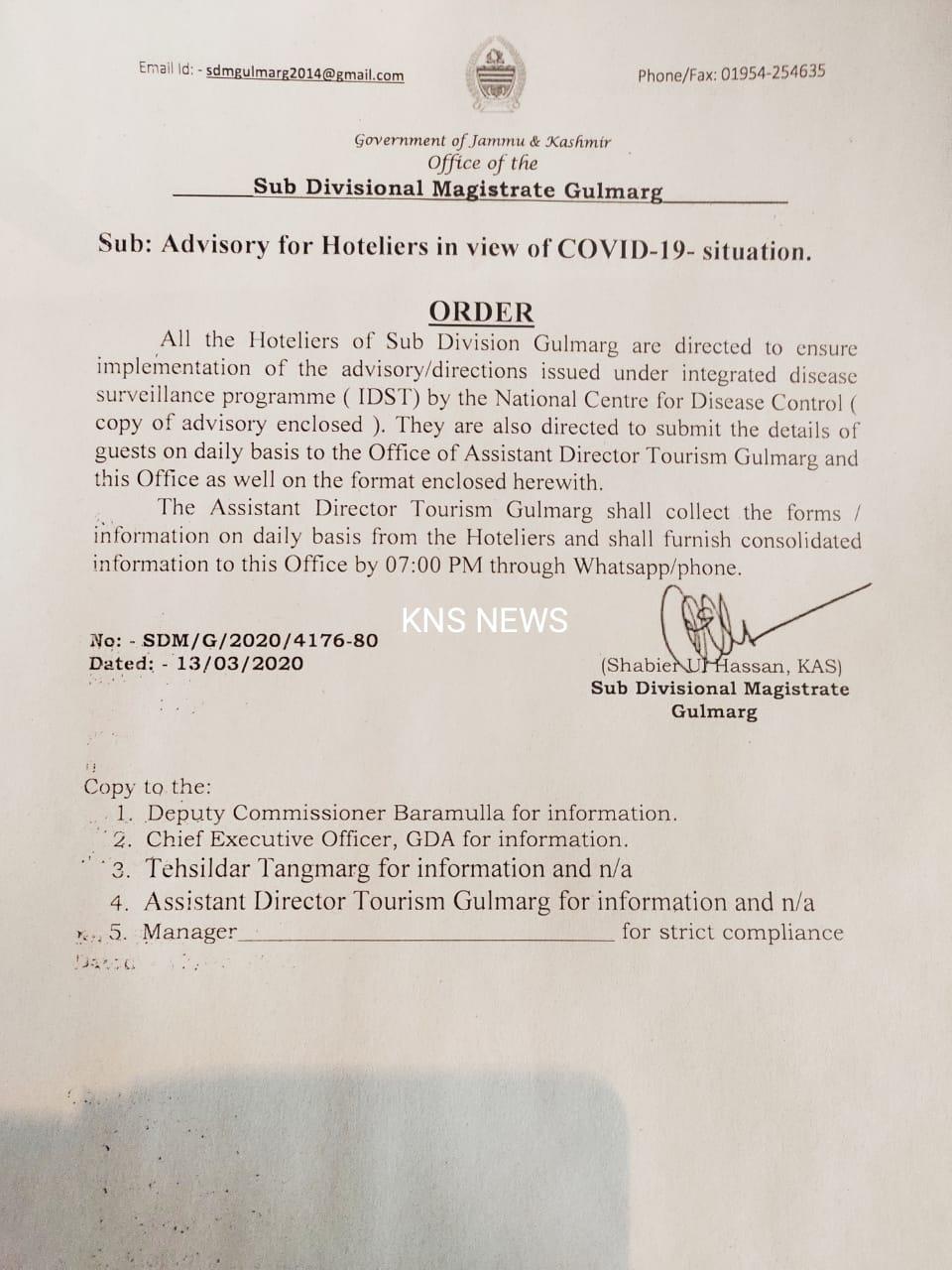 SDM Gulmarg issues advisory to hoteliers