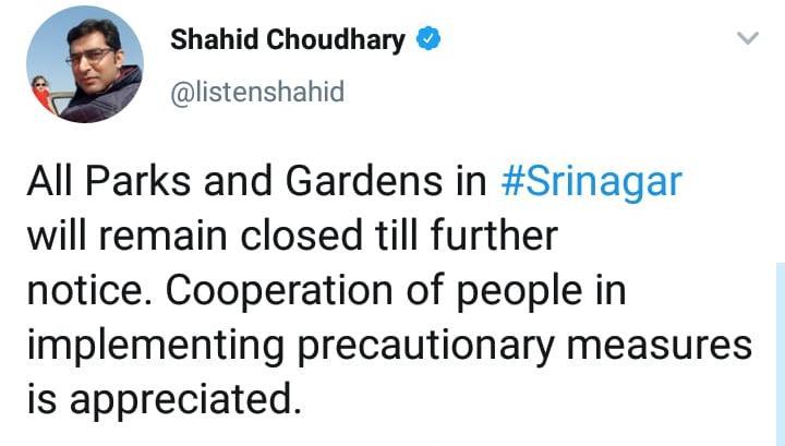 Authorities order Closure of Parks and gardens in Srinagar