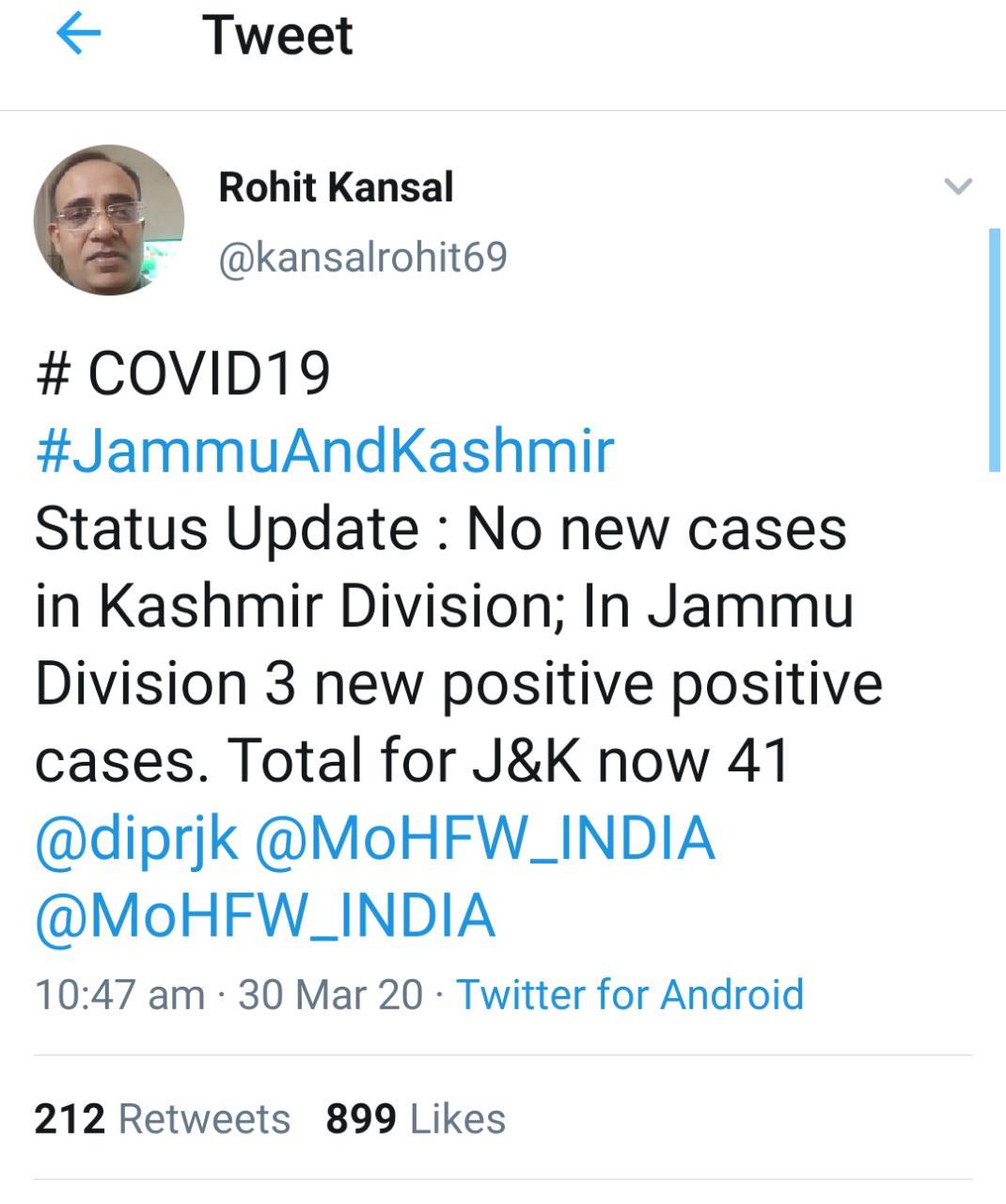 Three fresh COVID-19 cases reported from Jammu: Govt.