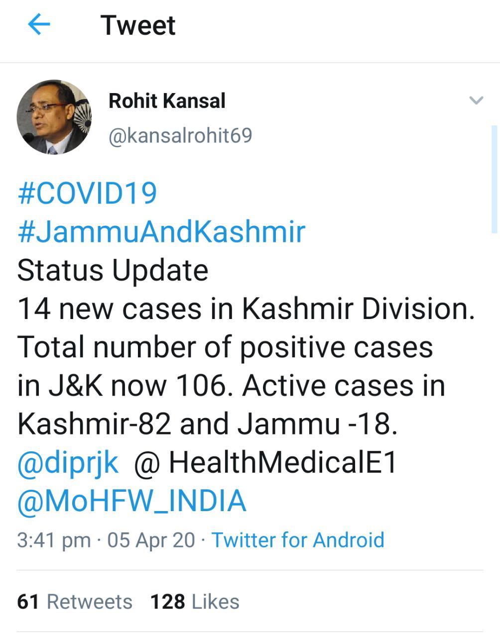 14 postive cases detected today in Kashmir, tally reaches 106 in J&K
