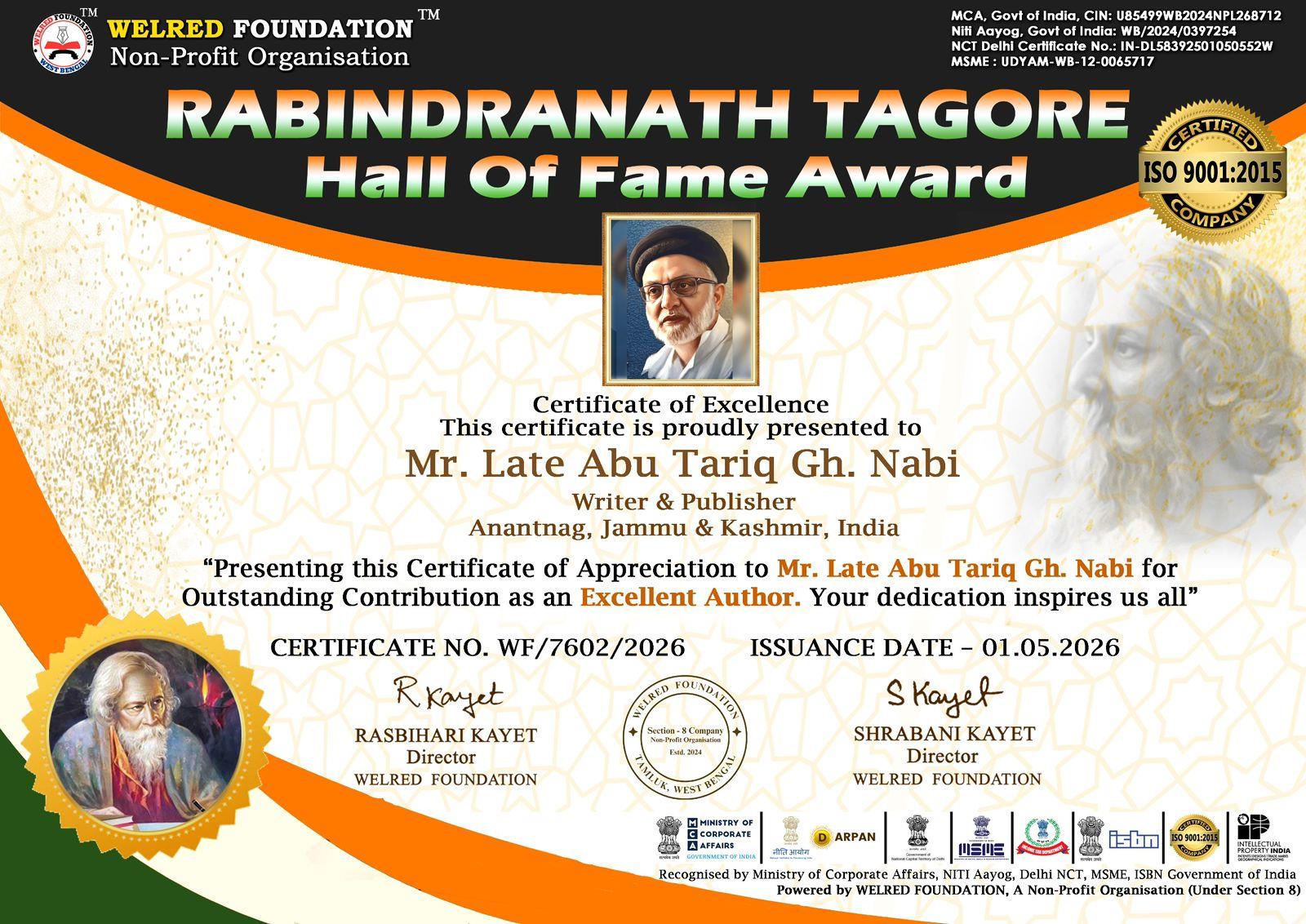 Late Abu Tariq Conferred Rabindranath Tagore Hall of Fame Award