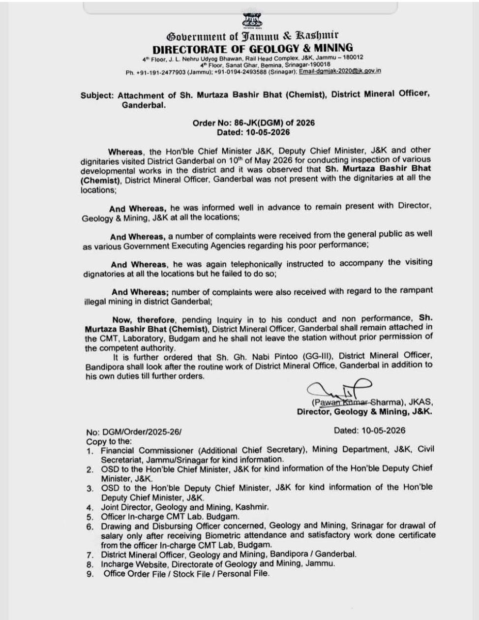 DMO Ganderbal Attached Over Absence During CM Visit, Illegal Mining Complaints