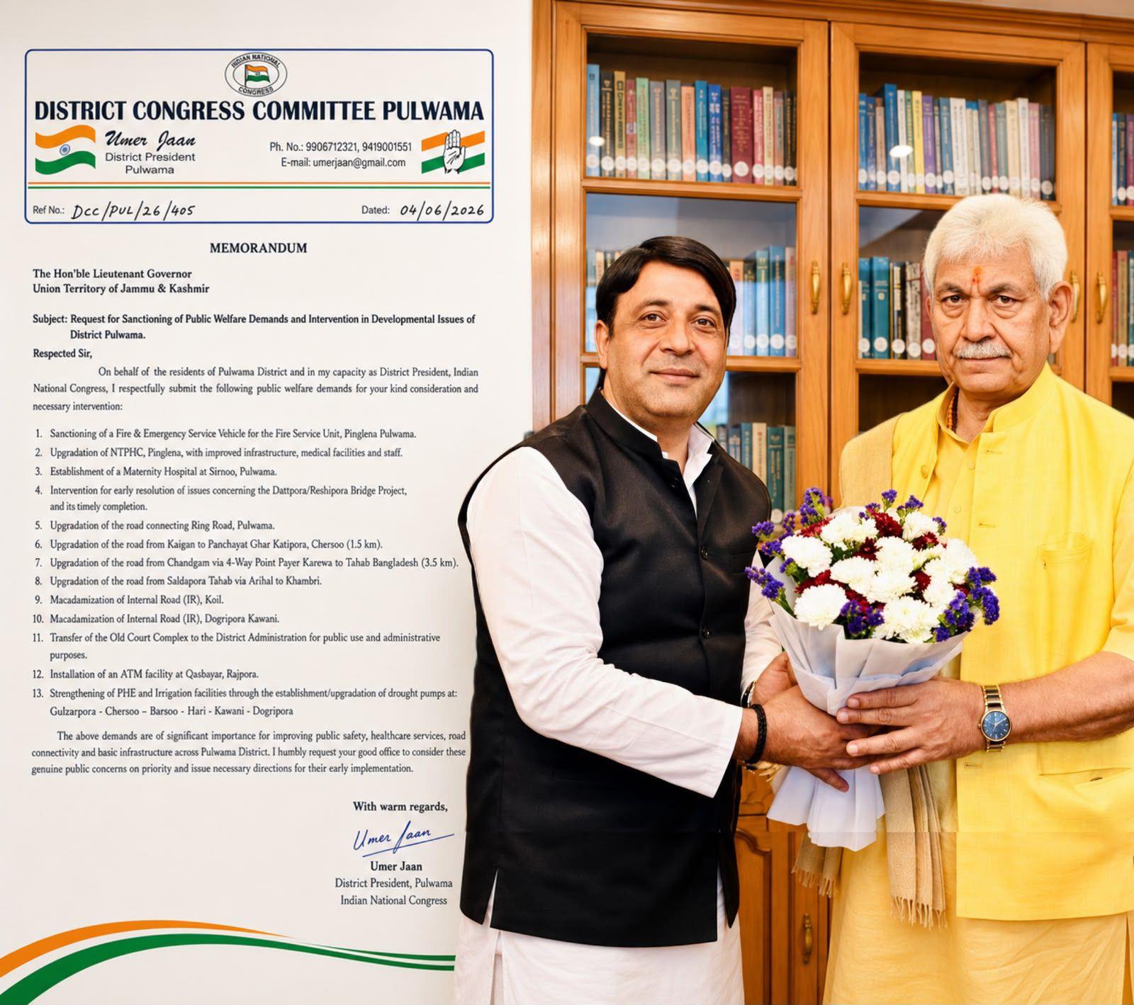 Congress leader meets LG, seeks action on Pulwama development issues